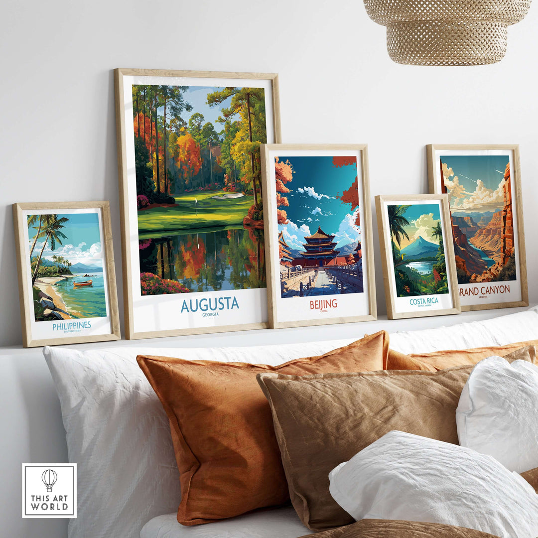 Gallery display of framed travel art prints featuring Augusta, Beijing, Costa Rica, and the Grand Canyon.