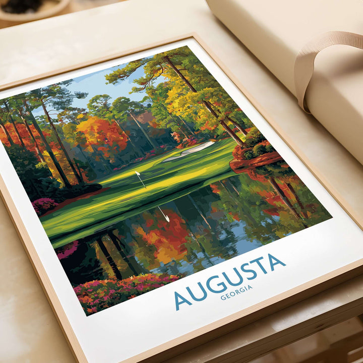 Augusta The Masters Golf Wall Art Print showcasing a picturesque landscape in vibrant colors, perfect for golf enthusiasts.
