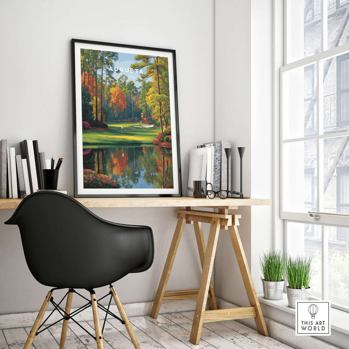 Augusta National Golf Poster displayed in a stylish office, showcasing the scenic beauty of the legendary course.