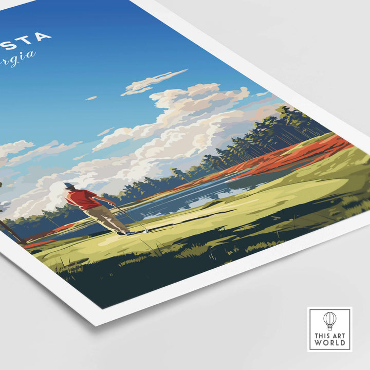 Augusta National Golf Print showcasing a golfer on the course with vibrant sky and landscape, perfect for golf enthusiasts.