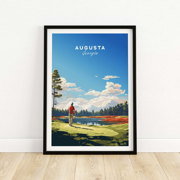 Augusta National Golf Print featuring a golfer by the serene water and pine trees under a clear blue sky.