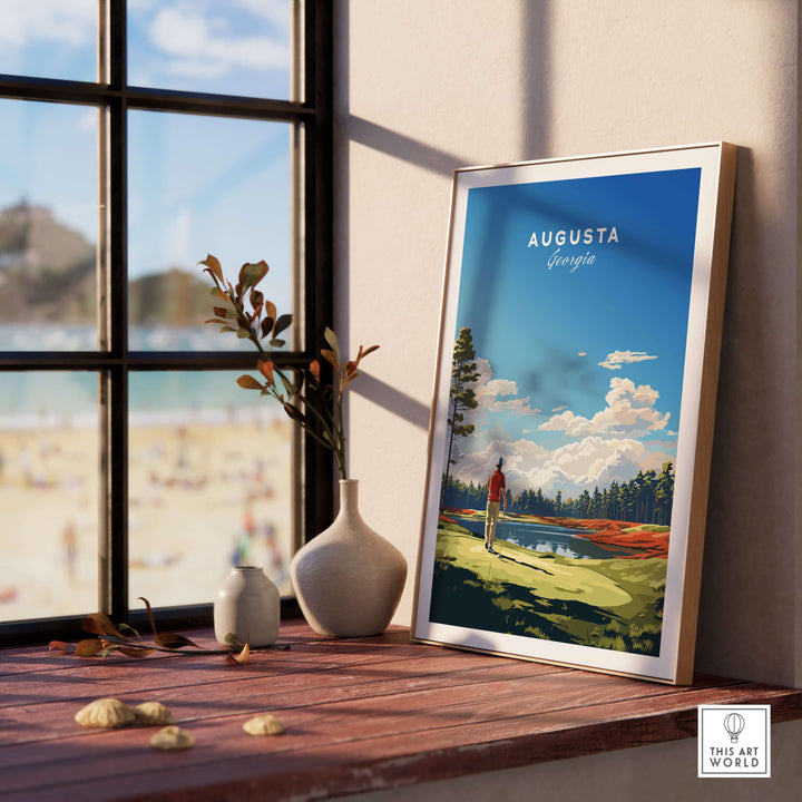 Augusta National Golf Print poster displayed in a sunlit room, highlighting golf's iconic landscape and vibrant colors.