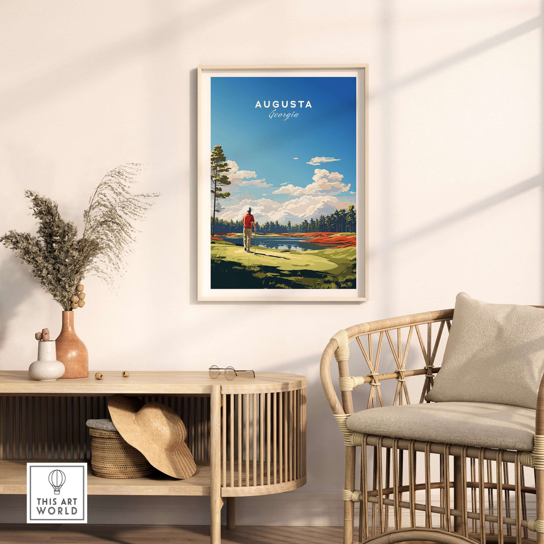 Augusta National Golf Print poster displayed in a stylish interior featuring a chair and decor.
