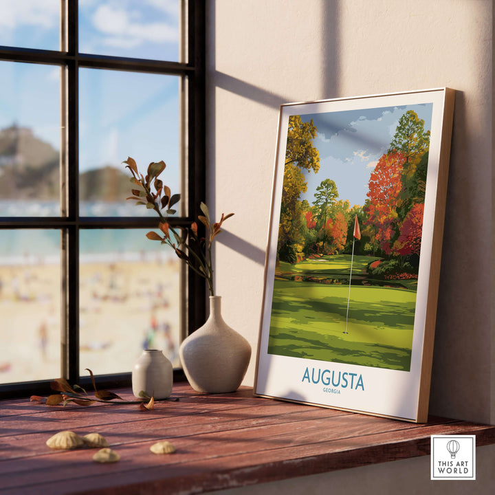 Augusta National Golf Print showcasing vibrant fall colors and iconic landscape, perfect Georgia wall art for golf lovers.