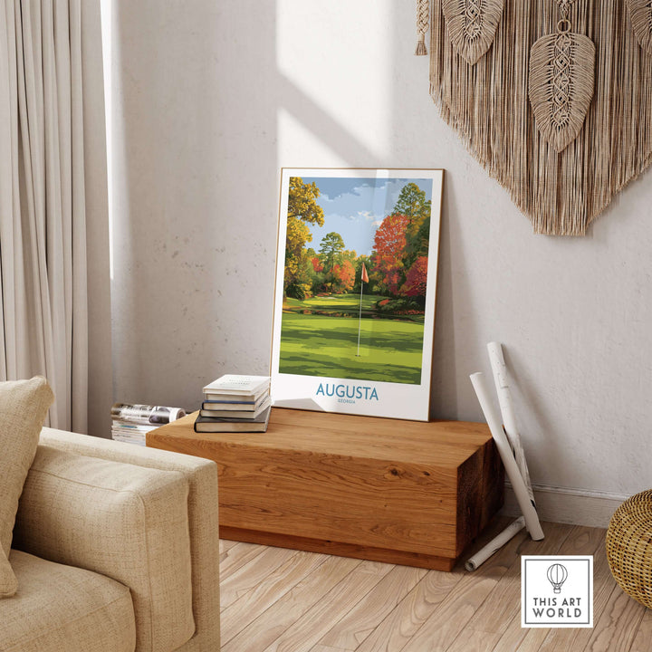 Augusta National Golf Print displayed in modern living room décor, showcasing vibrant greens and azaleas.