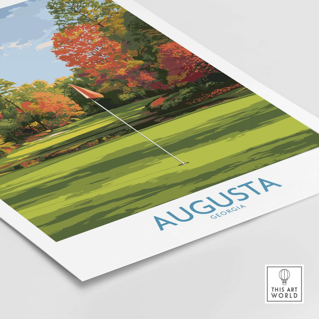 Augusta National Golf Print featuring vibrant fall colors and a golf flag, ideal for Georgia wall art decor.