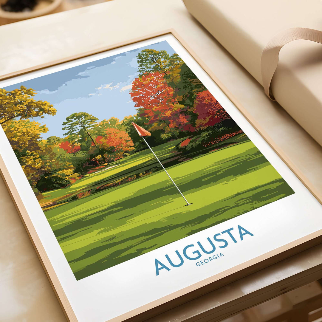 Augusta National Golf Print showcasing a vibrant green fairway and flag, ideal Georgia wall art for golf lovers.