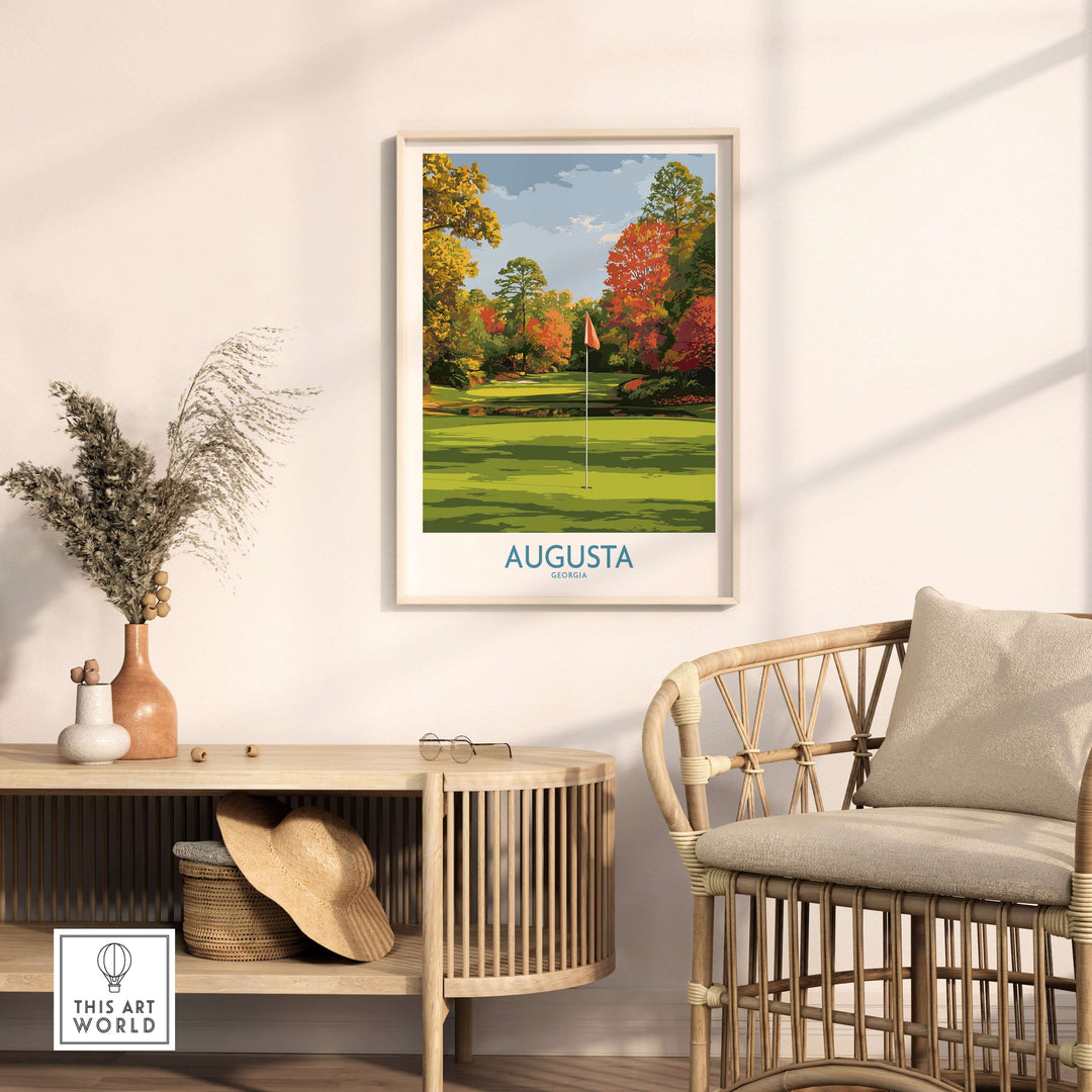 Augusta National Golf Print showcased in a stylish living room setting, highlighting iconic golf course beauty.