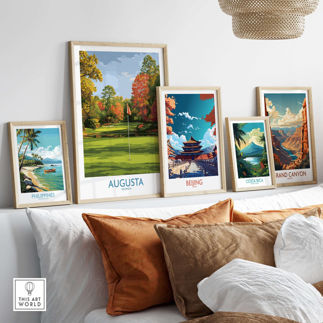 Framed travel art prints featuring Augusta, Beijing, Costa Rica, and the Philippines displayed on a stylish wall.