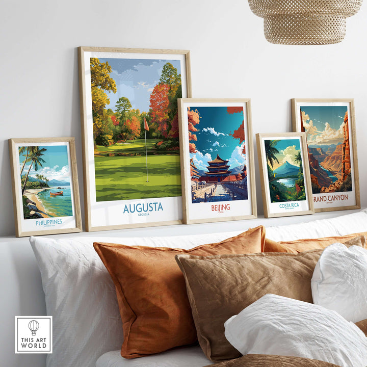 Framed travel art prints featuring Augusta, Beijing, Costa Rica, and the Philippines displayed on a stylish wall.