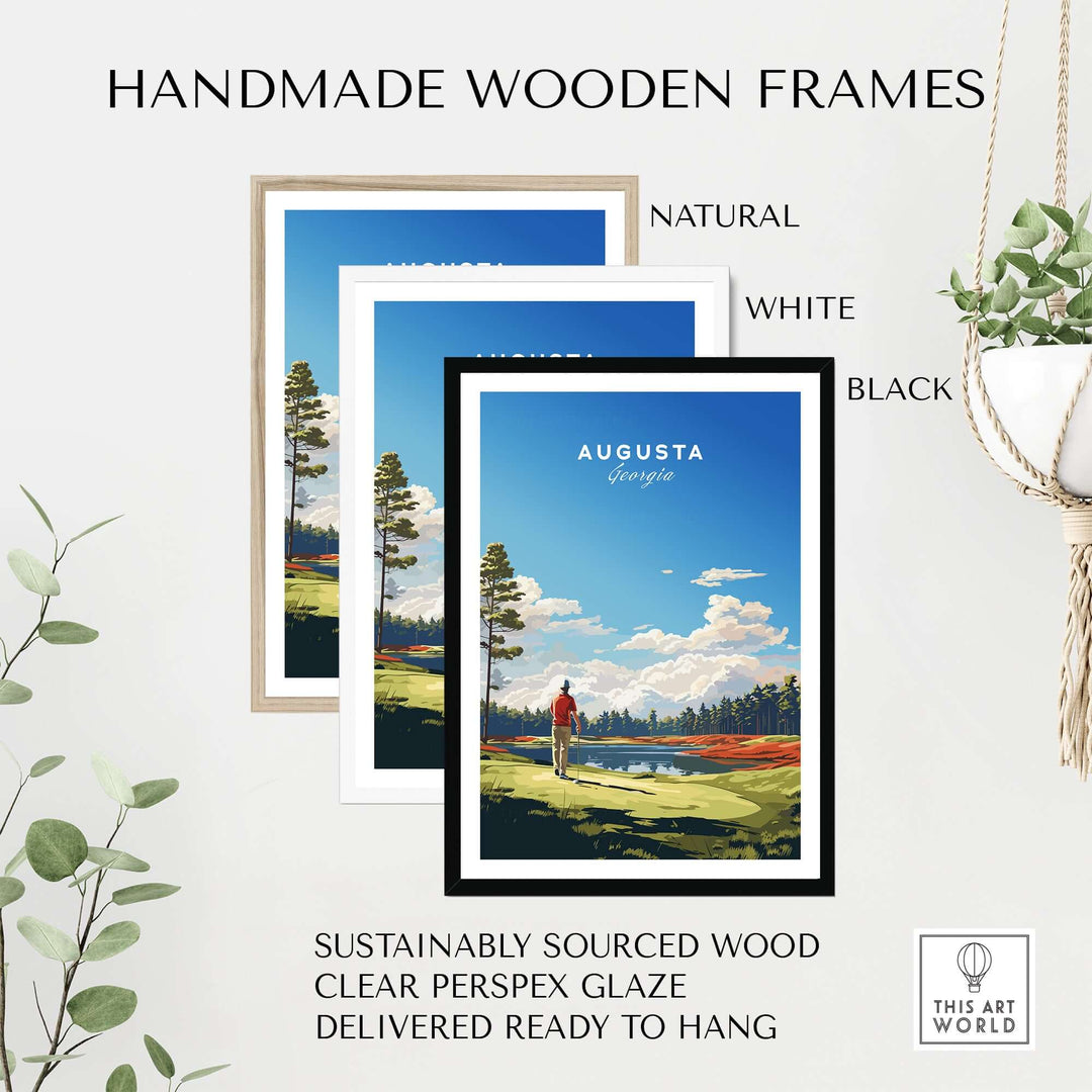 Handmade wooden frames in natural, white, and black for Augusta Golf Print, featuring sustainably sourced wood and clear Perspex glaze.