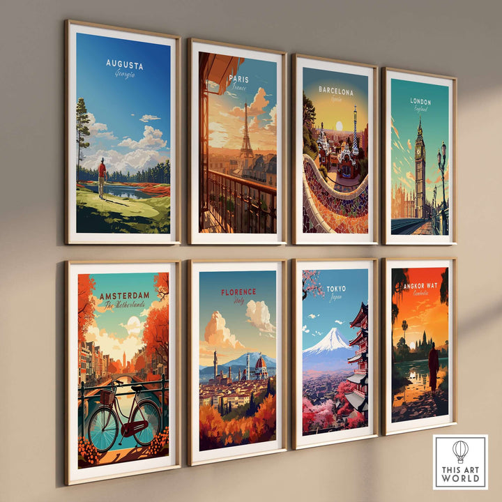 Gallery wall with travel posters of Augusta, Paris, Barcelona, London, Amsterdam, Florence, Tokyo, and Angkor Wat.