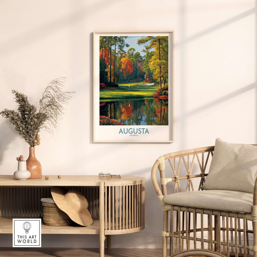 Augusta The Masters Golf Wall Art Print displayed in a stylish living room setting, enhancing the decor with golf elegance.