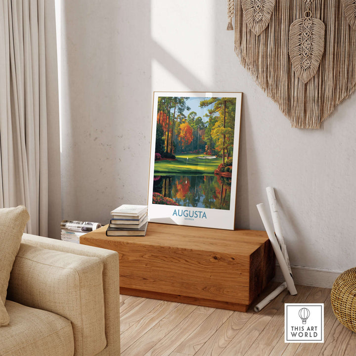 Augusta The Masters Golf Wall Art Print displayed in a stylish living room, enhancing decor with golf's iconic beauty.