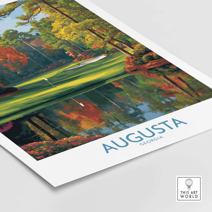 Augusta The Masters golf wall art print showcasing vibrant greenery and reflection in Georgia.