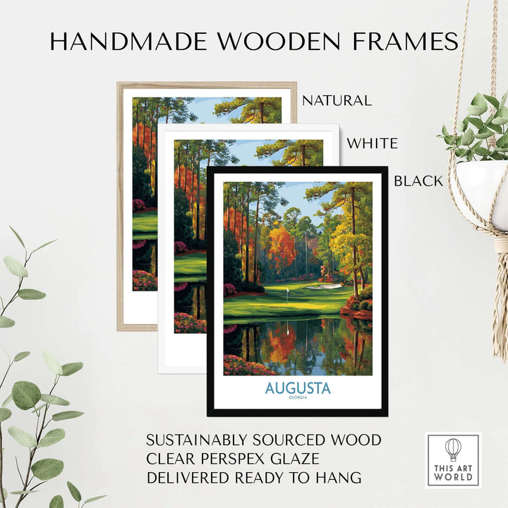 Handmade wooden frames in natural, white, and black finishes for Augusta The Masters Golf Wall Art Print.