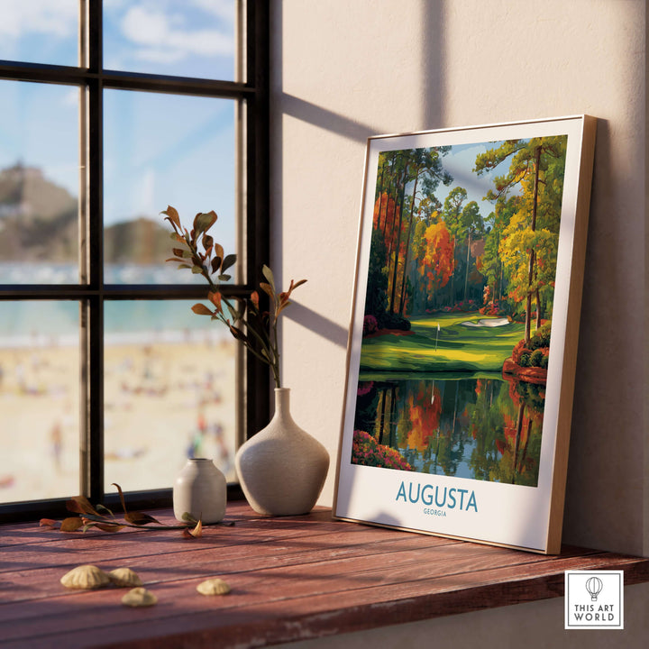 Augusta The Masters golf wall art print displayed by a window, showcasing vibrant colors and serene landscape.