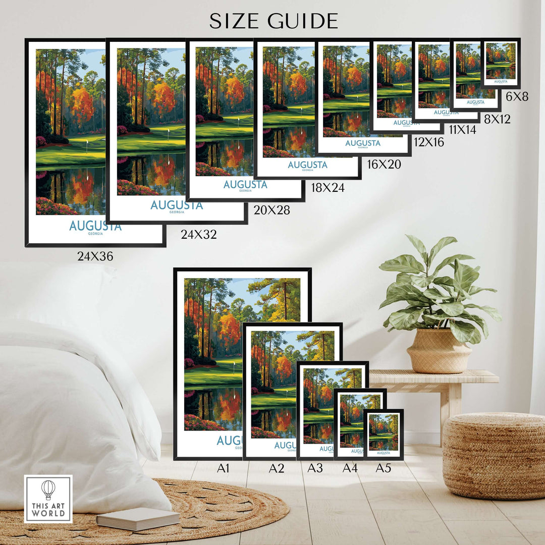 Size guide for Augusta The Masters Golf Wall Art Print showcasing various frame sizes in a stylish living space.