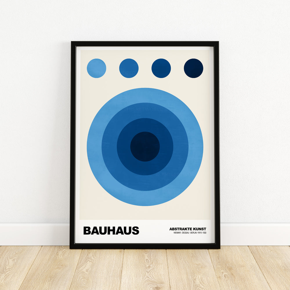 Bauhaus Exhibition Prints featuring abstract blue circles in a geometric design on a cream background.