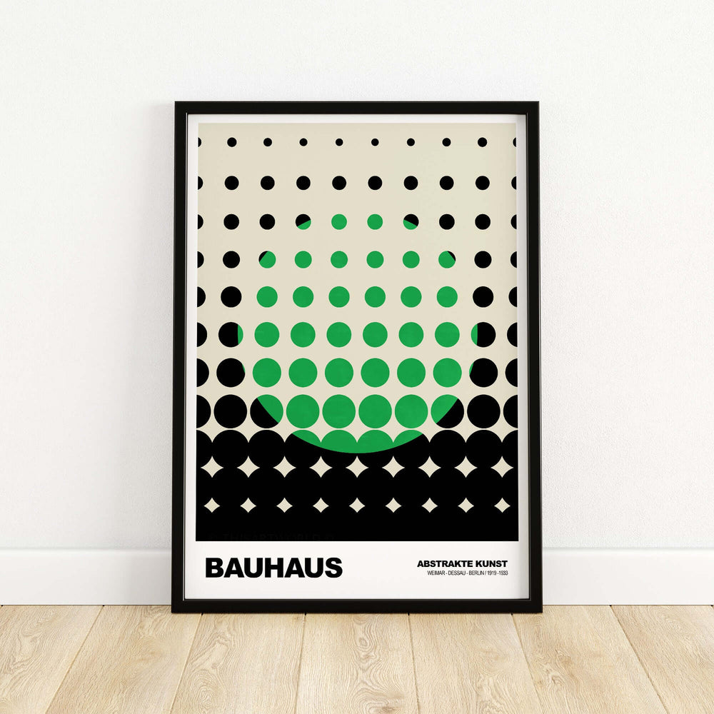Bauhaus exhibition art print showcasing an abstract circle pattern with green and black dot gradients.