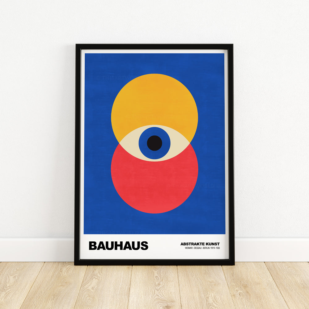 Bauhaus abstract eye circles poster in blue, yellow, and red, showcasing primary color theory.