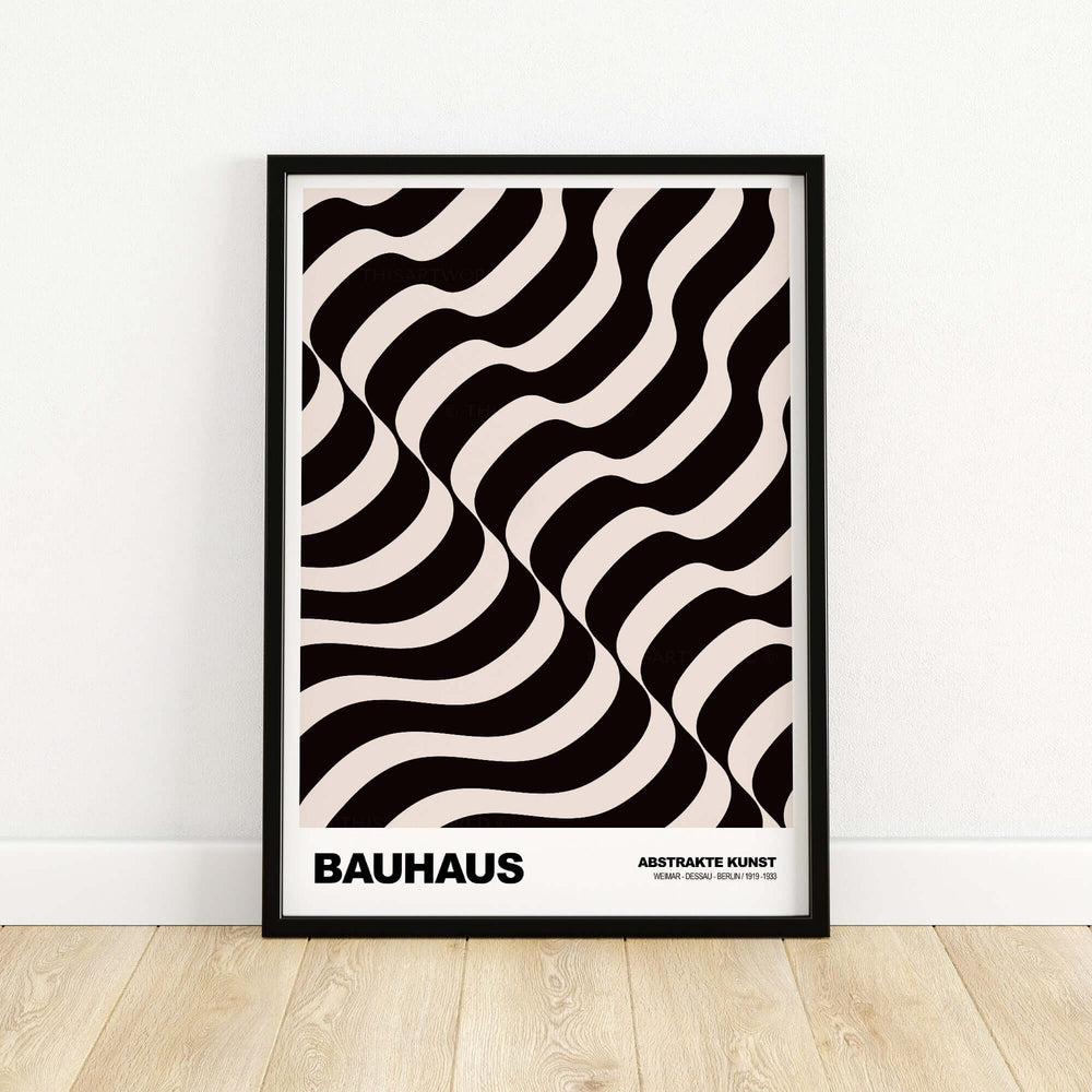 Bauhaus thick undulating waves poster in black and cream, showcasing abstract art style.