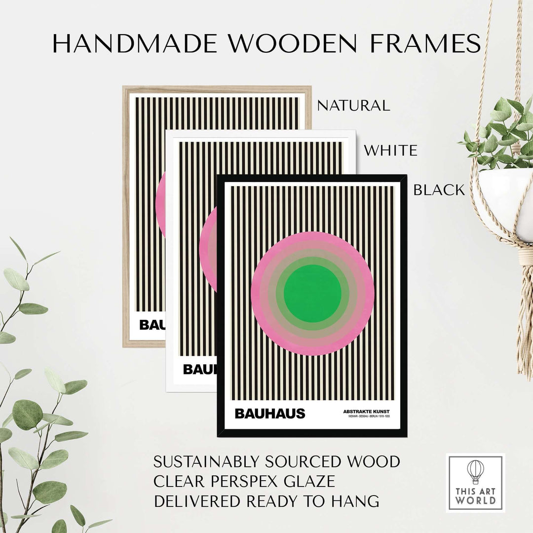 Handmade wooden frames in natural, white, and black for Bauhaus inspired art prints, ready to hang.