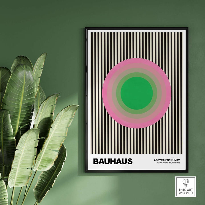 Bauhaus Exhibition Print featuring concentric circles in pink and green against black and cream striped background.
