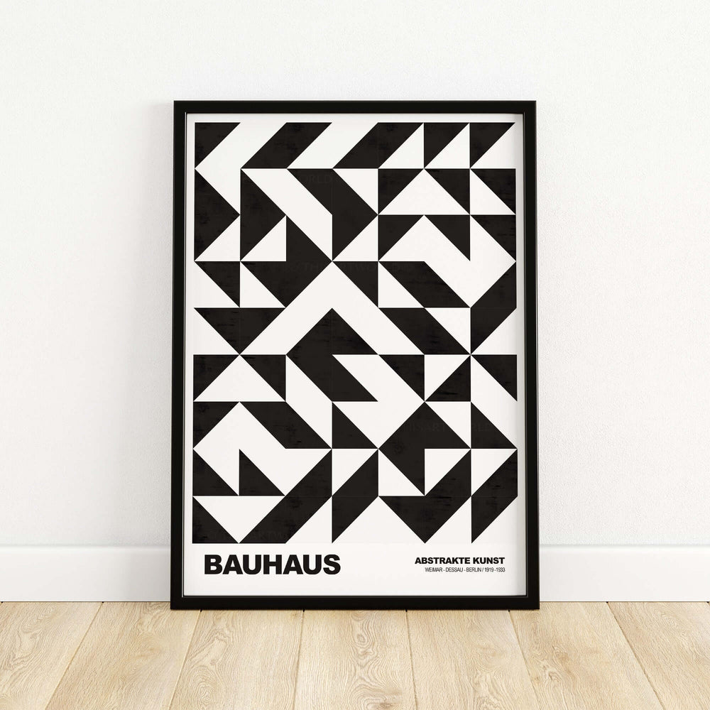 Black and white geometric triangle pattern poster featuring Bauhaus abstract art design.