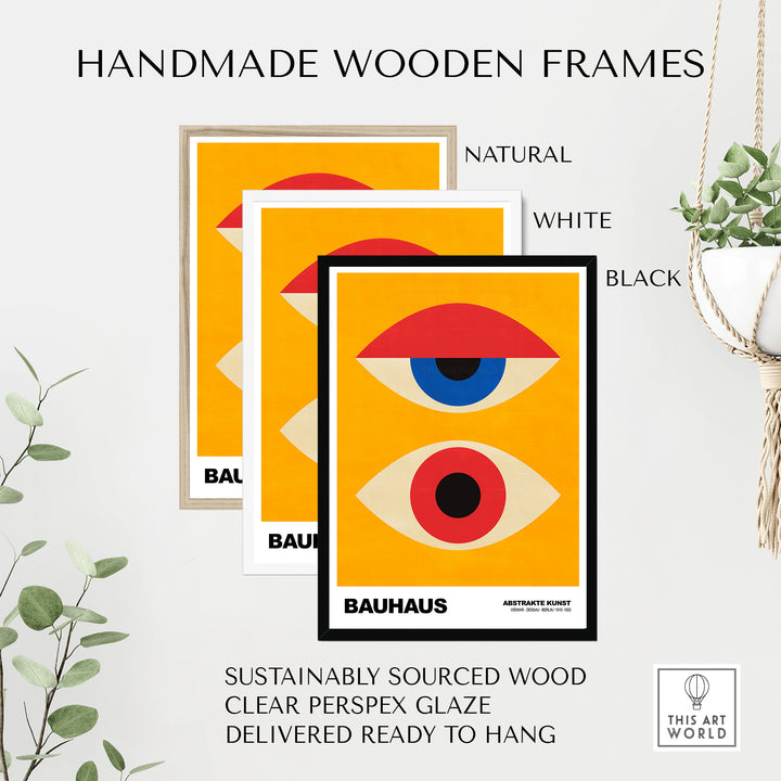 Handmade wooden frames in natural, white, and black for Bauhaus exhibition art prints featuring abstract eyes.
