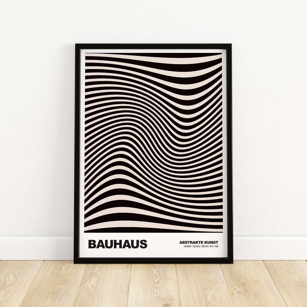 Bauhaus Exhibition Print featuring optical wave lines in black and cream, showcasing abstract design and Op Art influence.