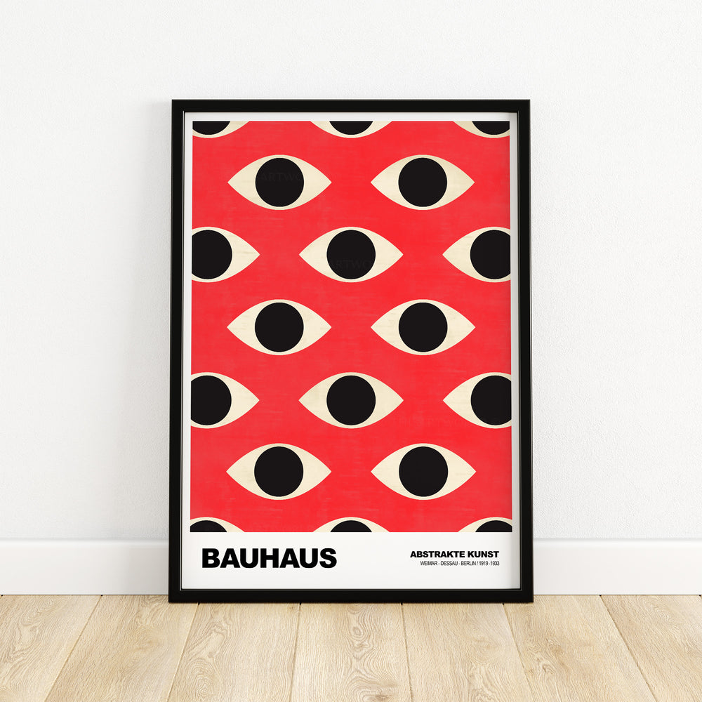 Bauhaus Repeating Eyes Pattern Poster in red, black, and cream, showcasing abstract eye shapes for modern decor.
