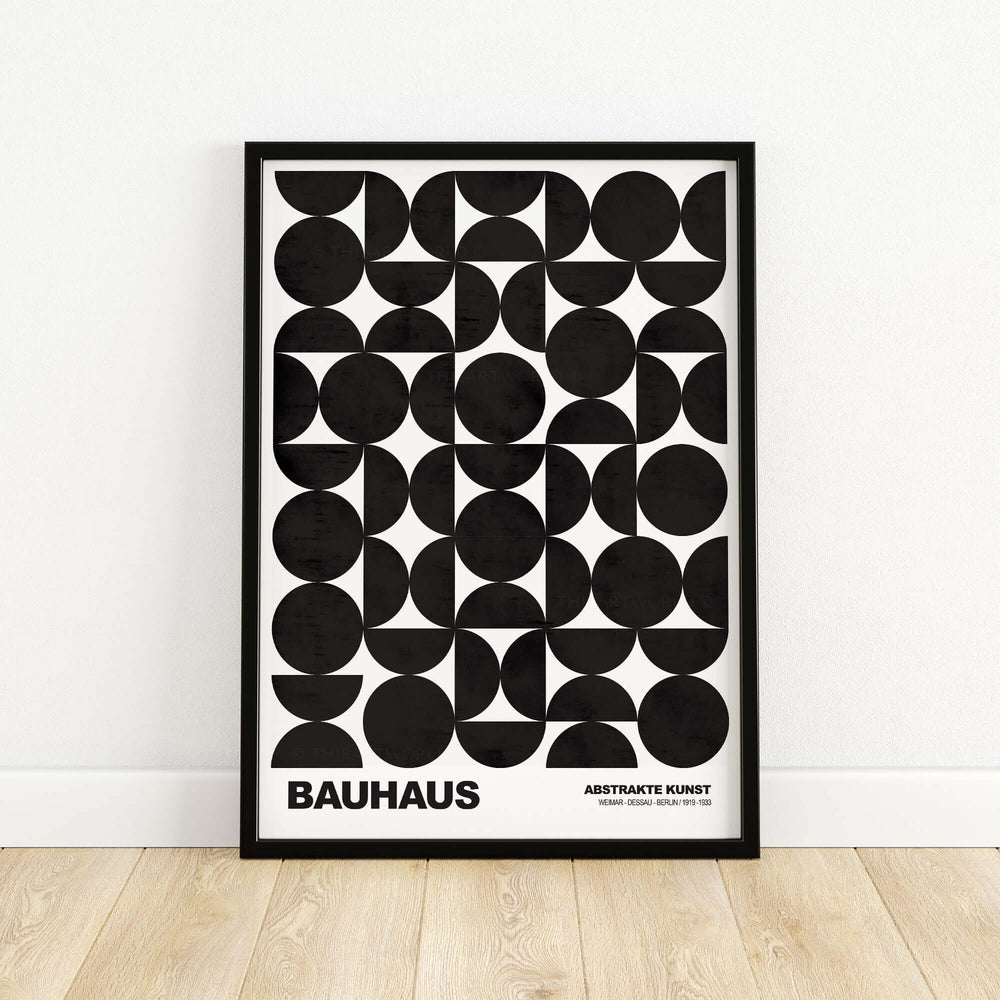 Bauhaus art print featuring geometric black circle shapes on white background, modern abstract design.