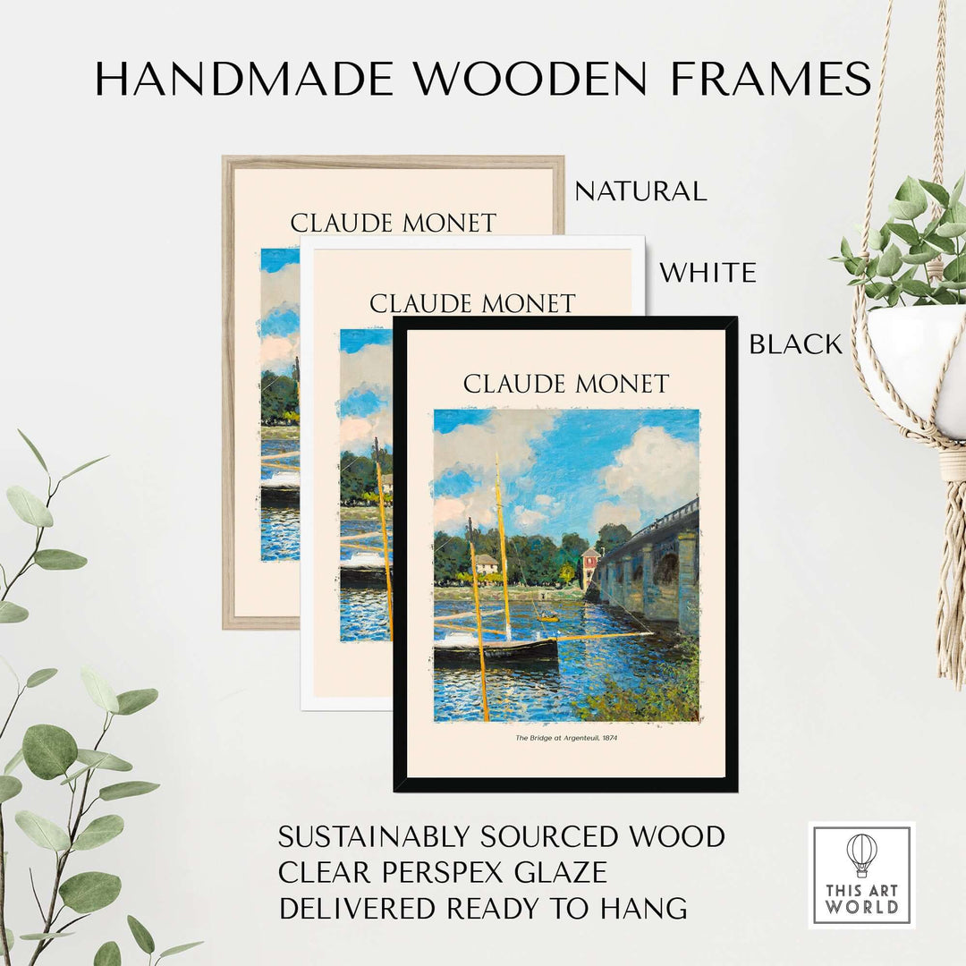 Handmade wooden frames for Claude Monet art prints in natural, white, and black colors, ready to hang.