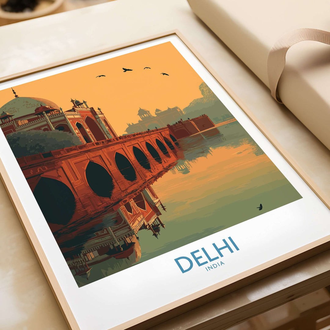 Delhi sunset travel poster featuring Humayun's Tomb and arched bridge reflecting in calm waters.