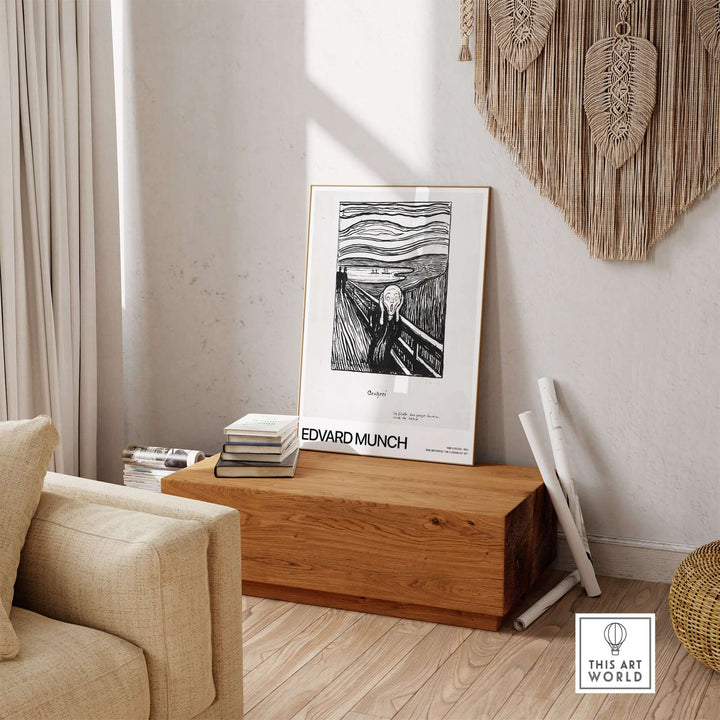 Edvard Munch The Scream lithograph art print displayed in a modern living room setting.