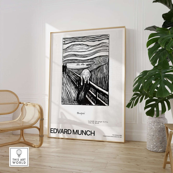 Edvard Munch The Scream 1895 lithograph art print displayed in a modern interior setting.