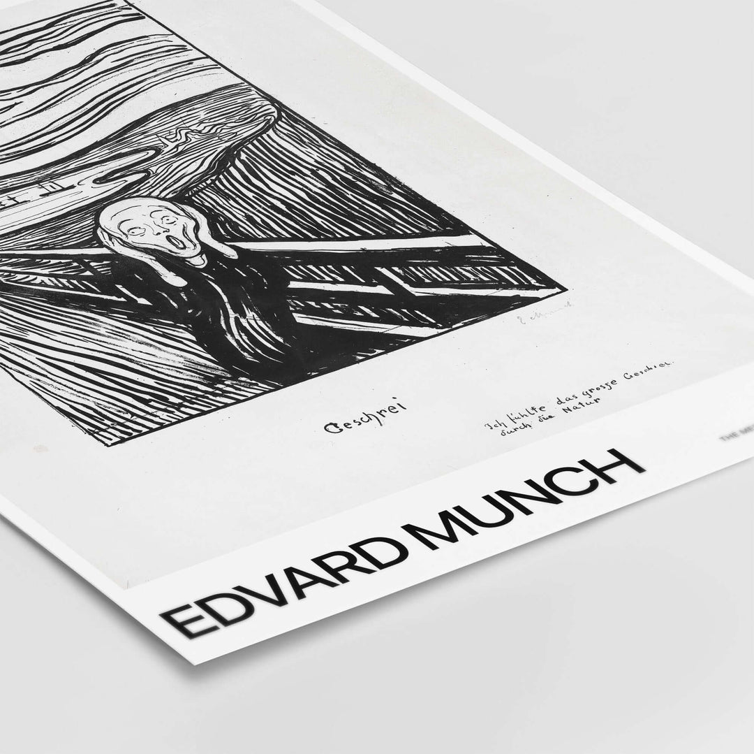 Edvard Munch's The Scream 1895 lithograph print showcasing expressionist emotion in black and white.