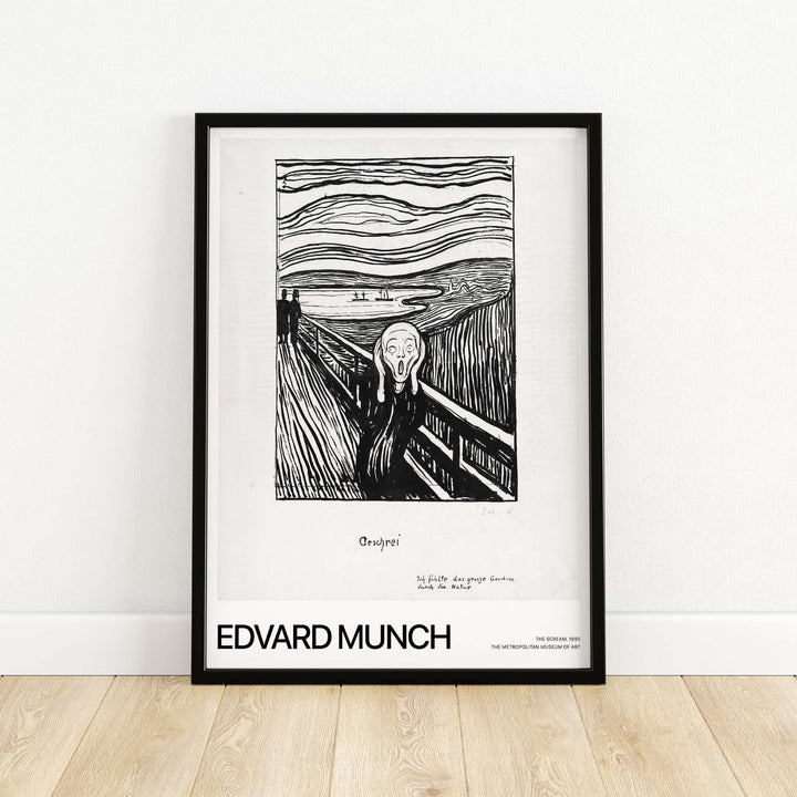 Edvard Munch The Scream 1895 lithograph art print framed on a wall, showcasing Expressionist emotion in black and white.