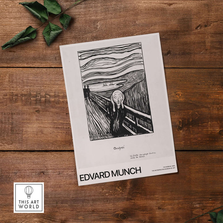 Edvard Munch The Scream 1895 lithograph art print on wooden surface, showcasing iconic Expressionist artwork.