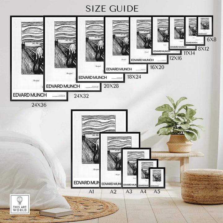Size guide for Edvard Munch The Scream art prints showcasing various dimensions and framing options.