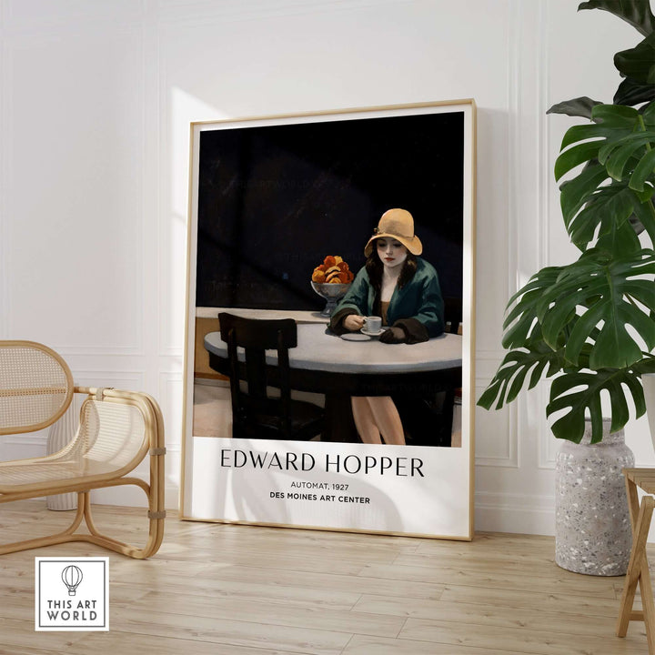 Edward Hopper Automat 1927 poster print showcasing a woman in solitude at a table with coffee, capturing urban isolation.