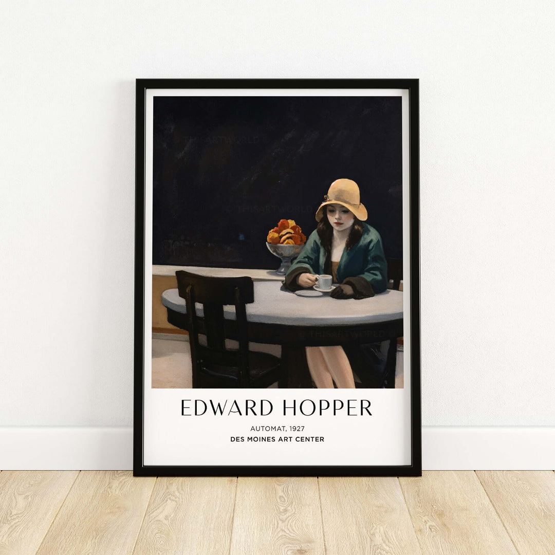 Edward Hopper Automat art print featuring a woman alone at a table, reflecting themes of solitude in urban life.
