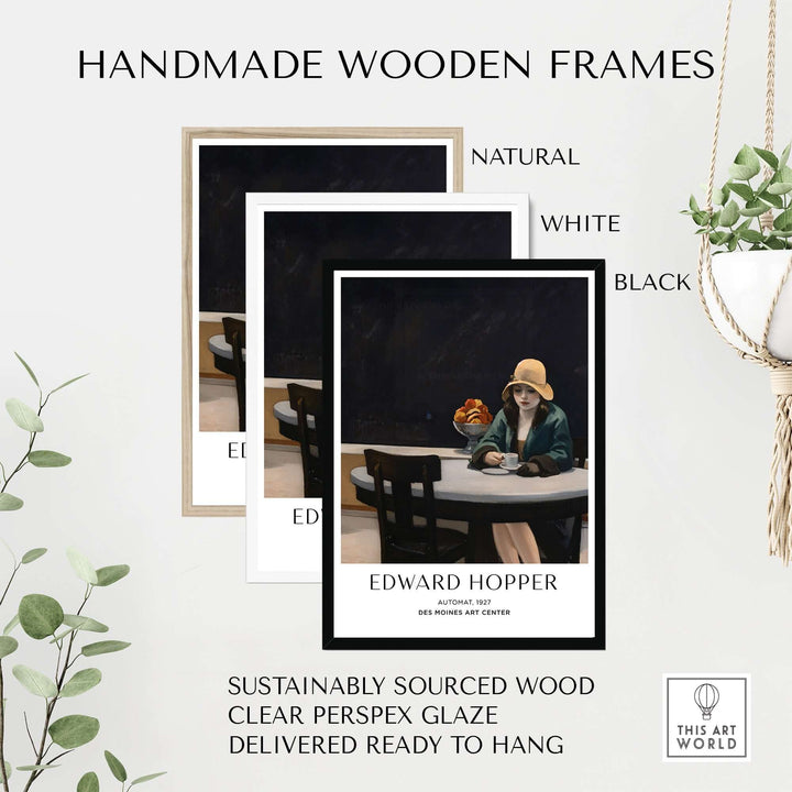 Handmade wooden frames in natural, white, and black for Edward Hopper Automat art print, ready to hang.