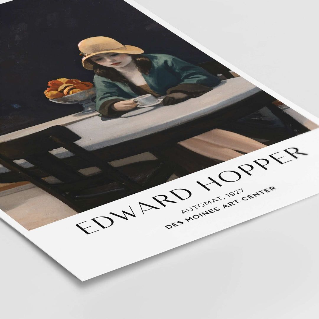 Edward Hopper Automat 1927 print featuring a woman sitting alone with coffee at a table, capturing urban solitude.