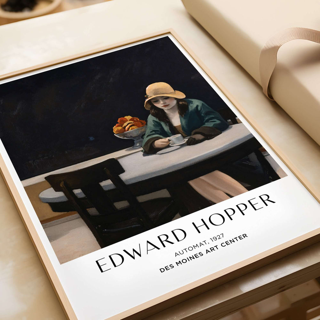 Edward Hopper Automat 1927 poster print featuring a woman in solitude with a coffee cup in a dimly lit cafe.