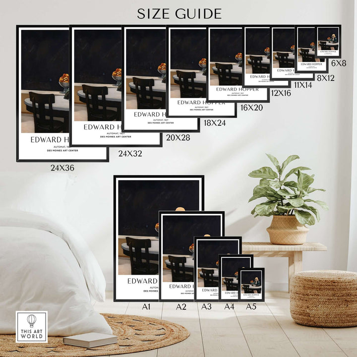 Edward Hopper Automat poster print size guide with various dimensions displayed in a modern living room setting.