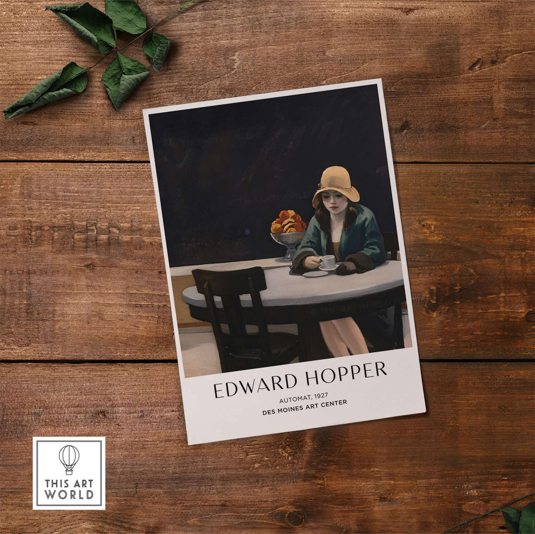 Edward Hopper Automat 1927 poster print featuring a woman alone at a table with coffee, reflecting urban solitude.