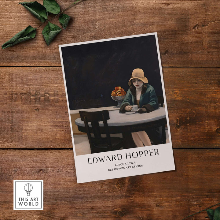 Edward Hopper Automat 1927 poster print featuring a woman alone at a table with coffee, reflecting urban solitude.