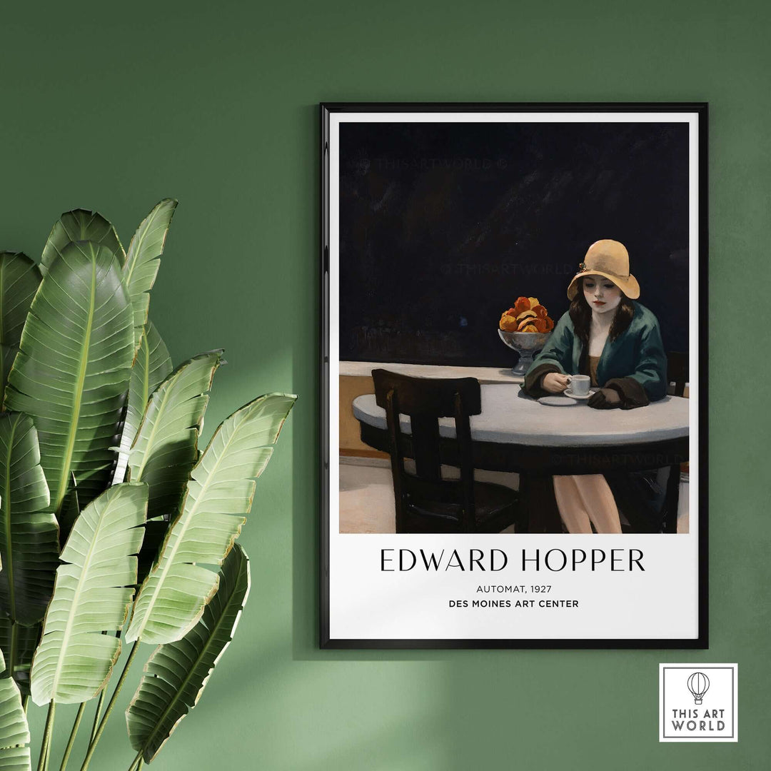 Edward Hopper Automat 1927 print featuring a woman alone at a table, reflecting urban solitude at Des Moines Art Center.